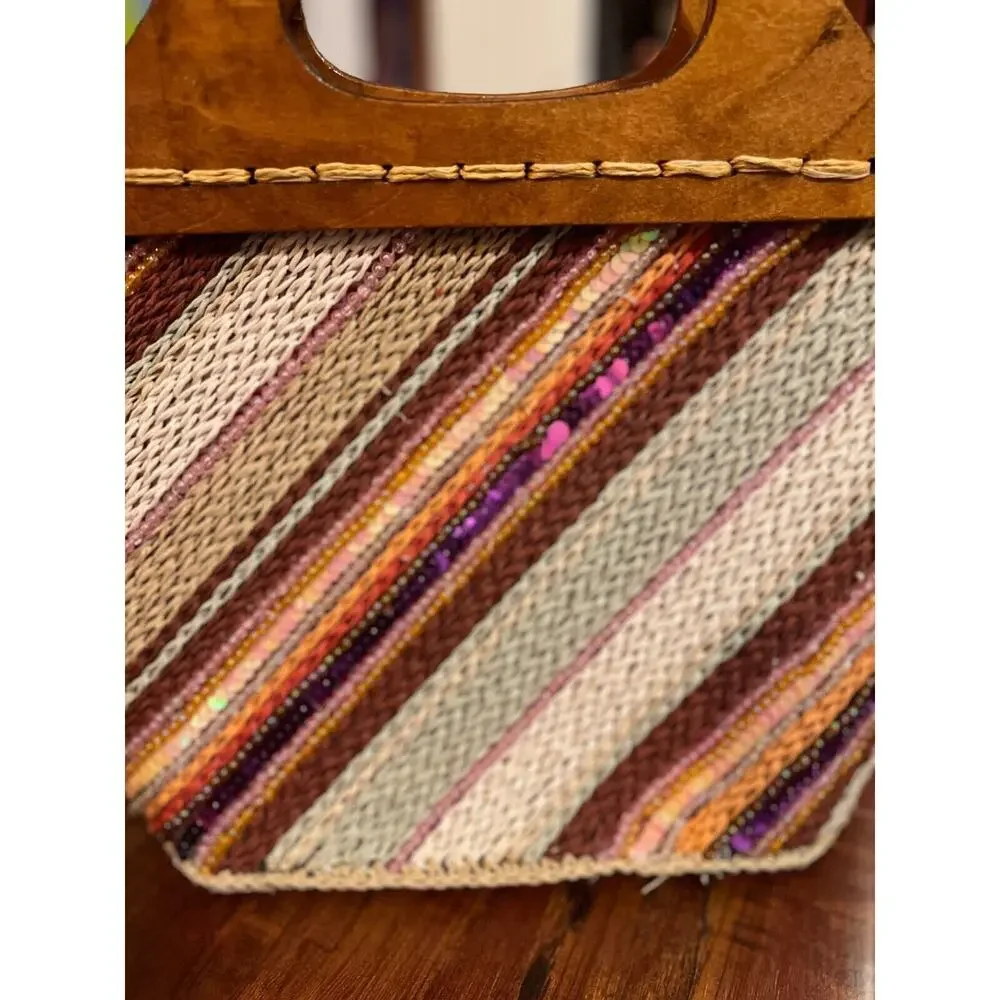Far Nine Womens Vintage Woven Beaded Bag Sequins Y2K Beach Vacation Coconut Girl
